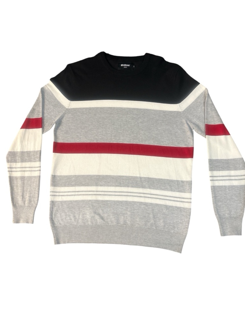 Men's Crewneck Sweater in Black, Gray, White & Red Stripe
